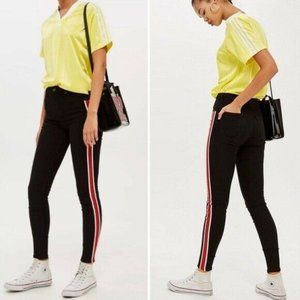 TopShop Moto Jaime High Rise Red Stripe Jeans in Black Stretch Womens Size 28